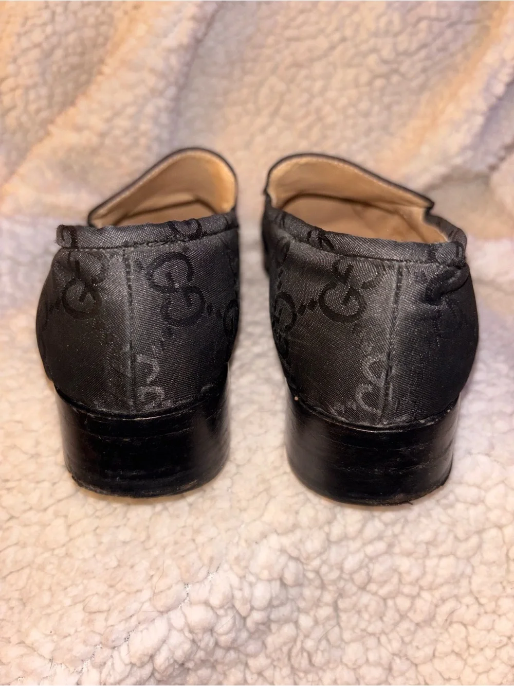 Gucci Vintage GG Monogram Black Fabric Block Heel Pumps Loafers Size 4 Italy